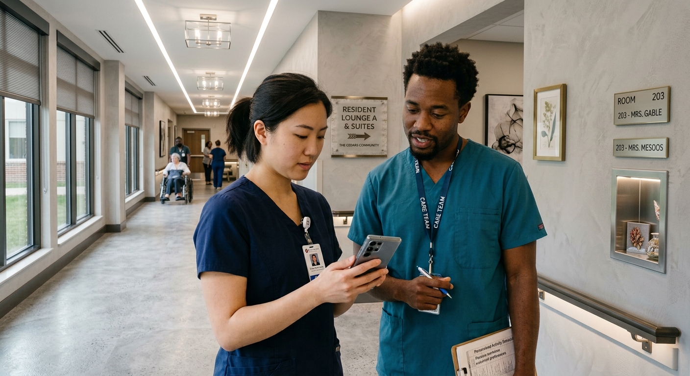 A registered nurse and a personal care worker in a hallway looking at a tablet technology.