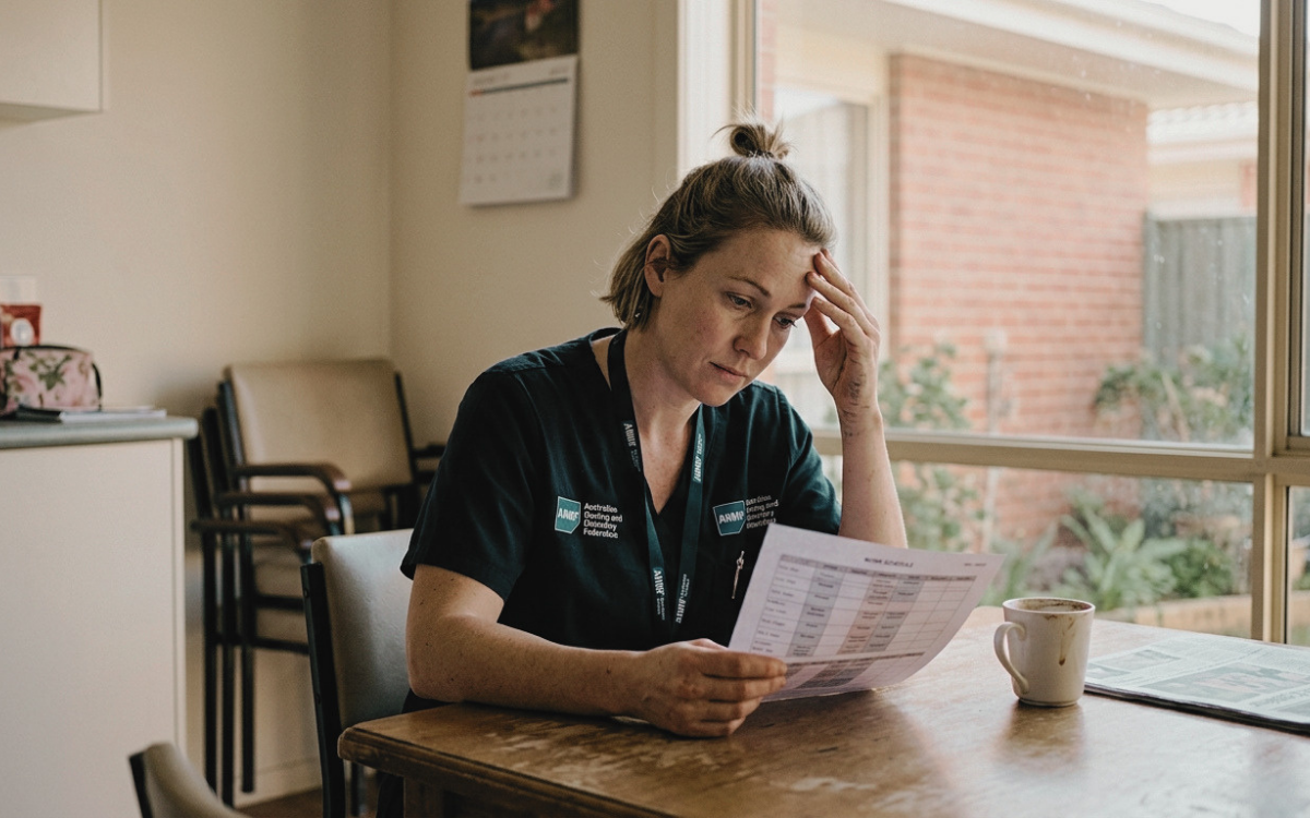 A registered nurse sitting at a table at home holding a roster sheet and looking concerned, head in her hand.